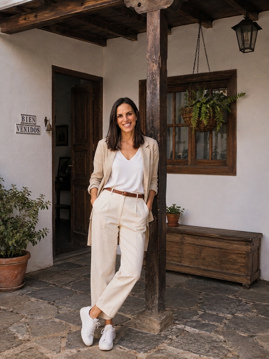 Luisa Martín Sáenz apoyada en una columna de madera en una casa canaria