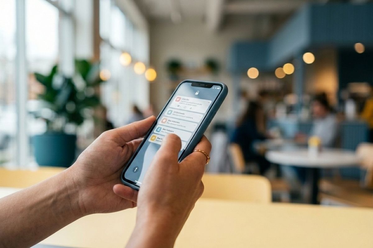 Manos sosteniendo un móvil con notificaciones de redes sociales en una cafetería