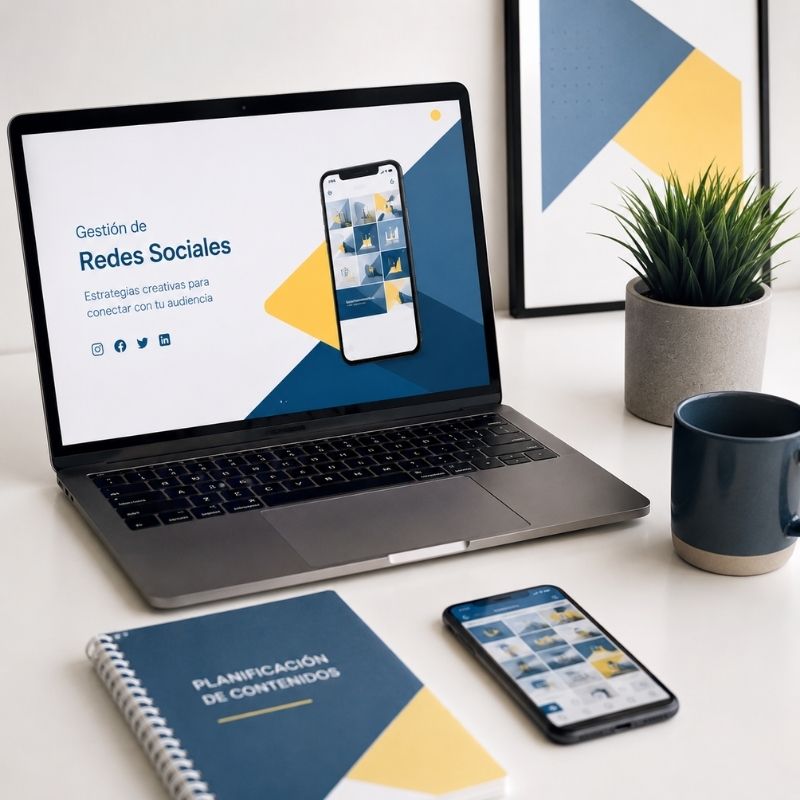 Portátil y libreta con la planificación de contenidos para redes sociales